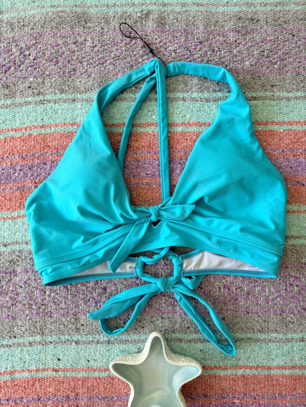 Zaful Teal Bikini Top XL Strappy Halter Tie Back Cutout Swim Top